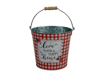 Metall Übertopf mit Tragegriff rot-weiß kariert 20x18cm